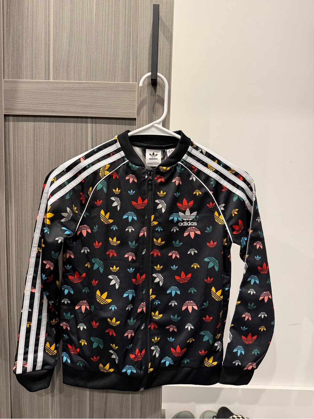adidas Kids Black Jacket with Multicolor Trefoil Print